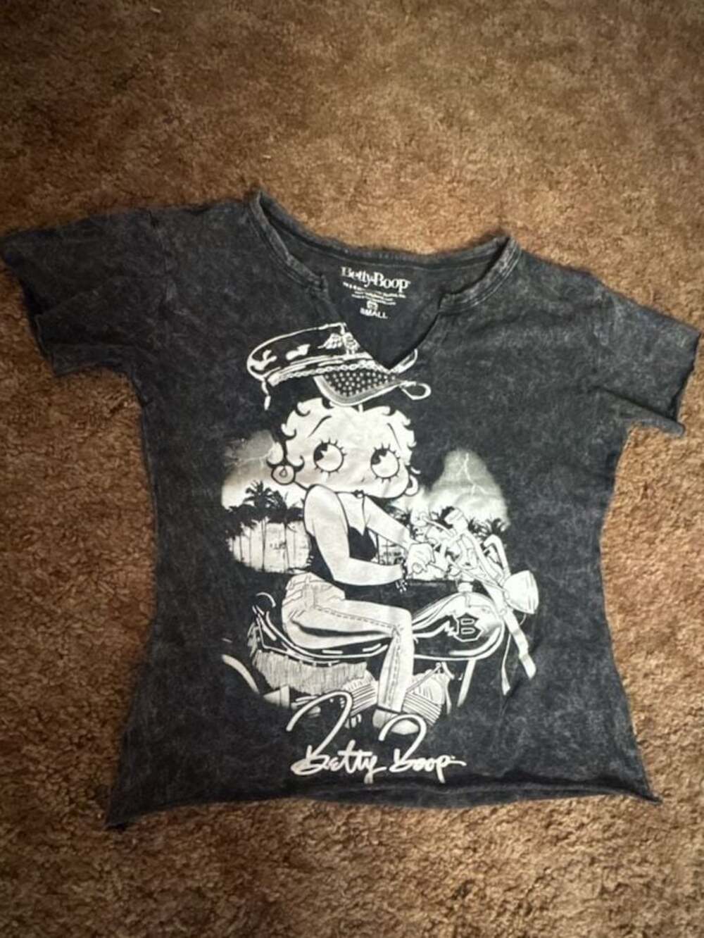 Betty Boop Biker Graphic Acid Wash V-Neck T-Shirt